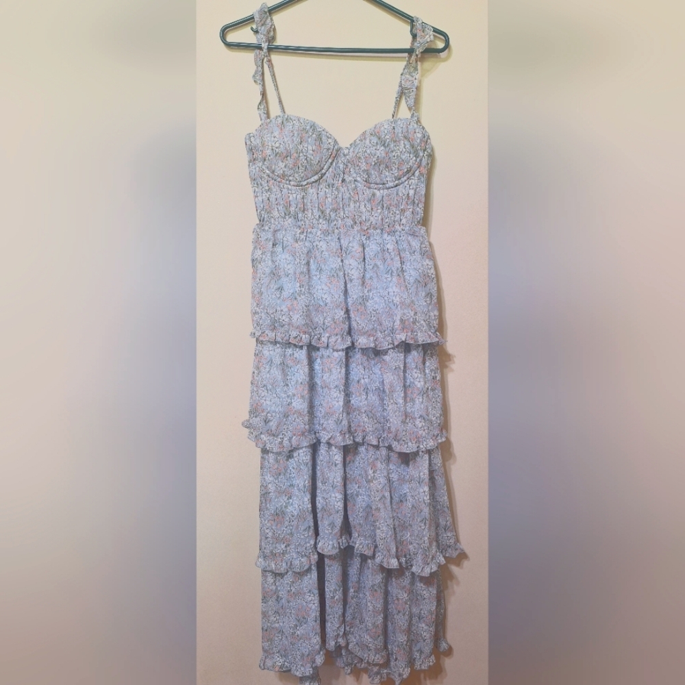 ASTR The Label Revolve Ruffle Maxi Dressblue Light Blue Floral smocked bodice - Picture 4 of 12